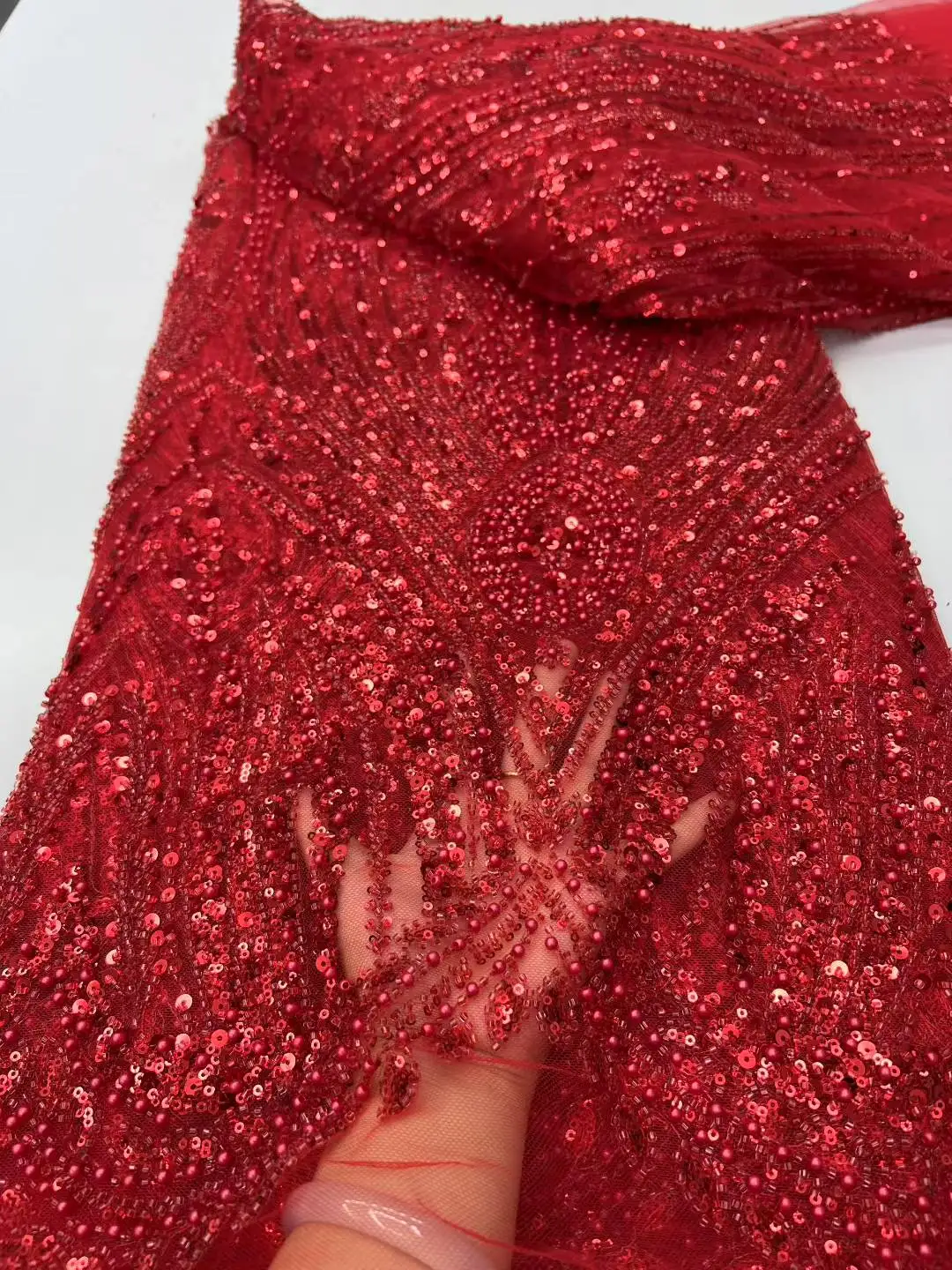 

Latest Red Beaded Lace Fabric African Lace Fabric 2025 High Quality Sequence French Mesh Lace Fabric For Sewing Wedding Party