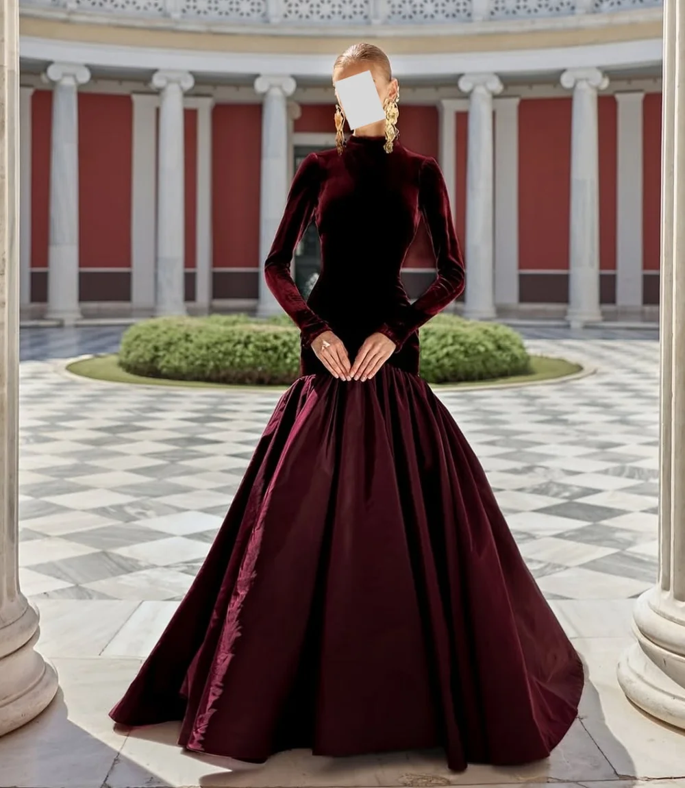 Customized Velour Pleat High Collar Trumpet Floor-length Bespoke Occasion Prom Dresses Elegant Simple Evening Party Gown