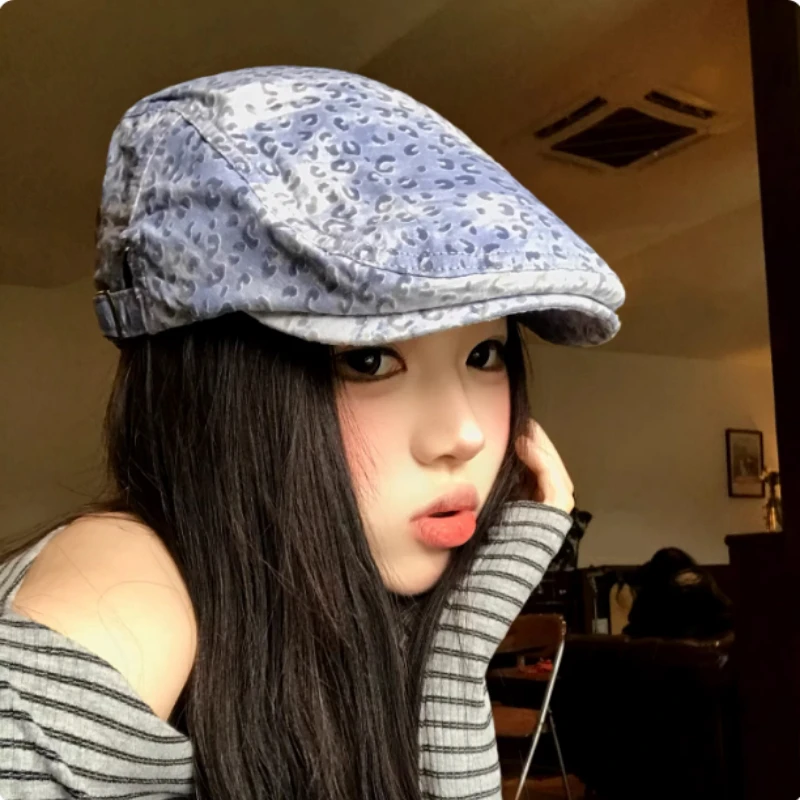 

Модная корейская кепка-уточка с леопардовым принтом для женщин и мужчин, весенне-осенняя, уличная, с коротким козырьком, плоским верхом, в стиле художника