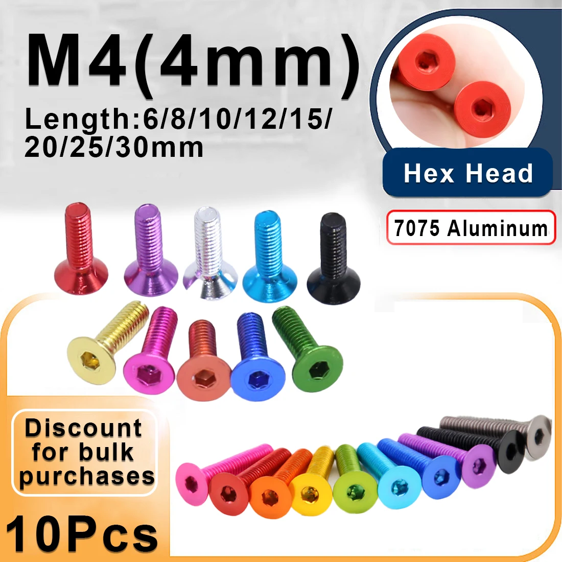 

10PCS DIN7991 Aluminum Allen Screws M4x6/8/10/12/14/16/18/20/25/30mm Flat Hex Socket Countersunk Head Screw Bolts Anodized Color