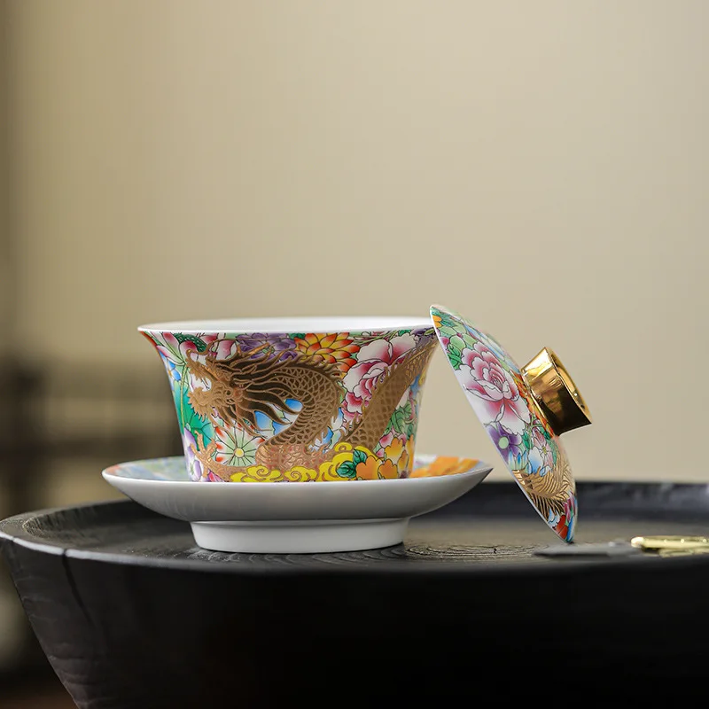 Enameled Ceramic Three Cover Bowl Teacup Dragon Phoenix Gilt Tea Bowl Kung Fu Tea Set High-grade Tea Bowl