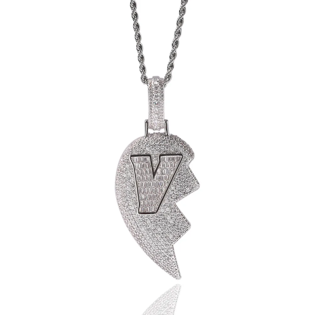 Hip Hop Claw Setting 3A+ CZ Stone Bling Iced Out V Letter Broken Heart Pendants Necklaces for Men Rapper Jewelry Gift