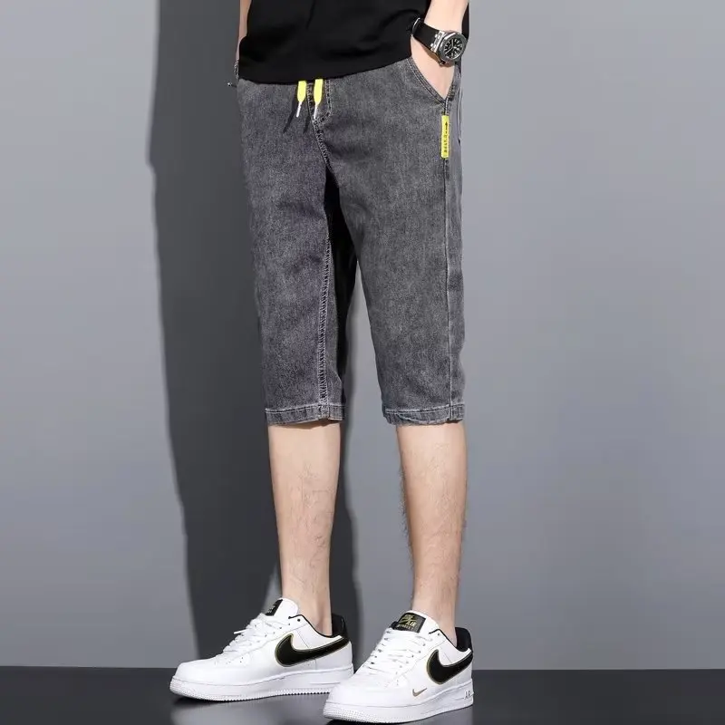 Straight Trousers 2024 Summer New Men's Spliced Elastic Drawstring Letter Pockets Fashion Slim Young Style Trendy Jeans Shorts