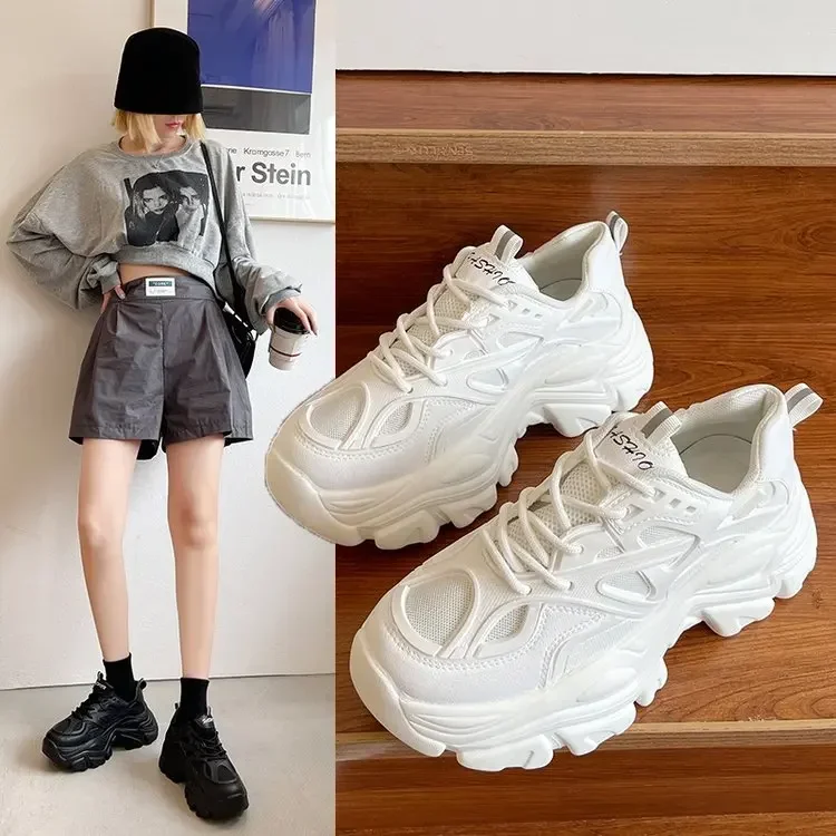 New Black Dad Chunky Sneakers Casual Vulcanized Shoes Woman High Platform Sneakers Lace Up White Sneakers Women 2024