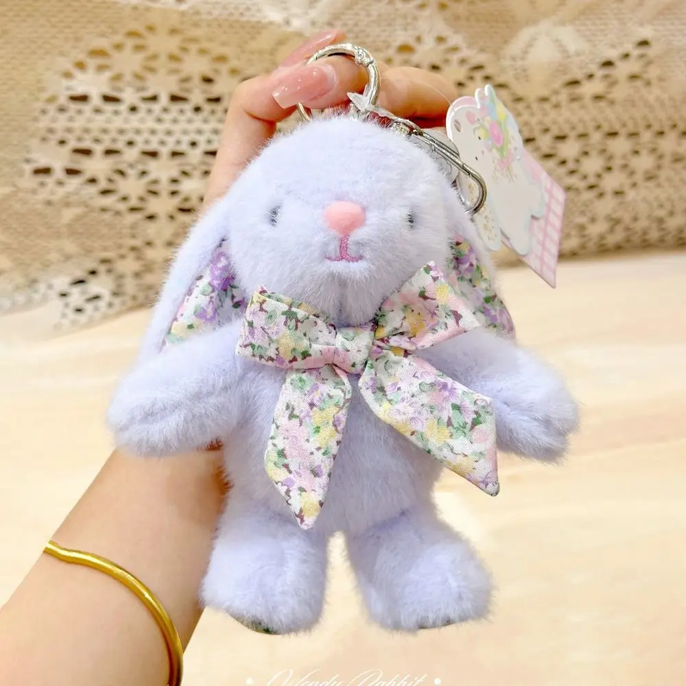 Flower Bowknot Plush Rabbit Keychain Soft Cute Bag Hanging Pendant Plush Stuffed Cartoon Car Key Pendant Gifts