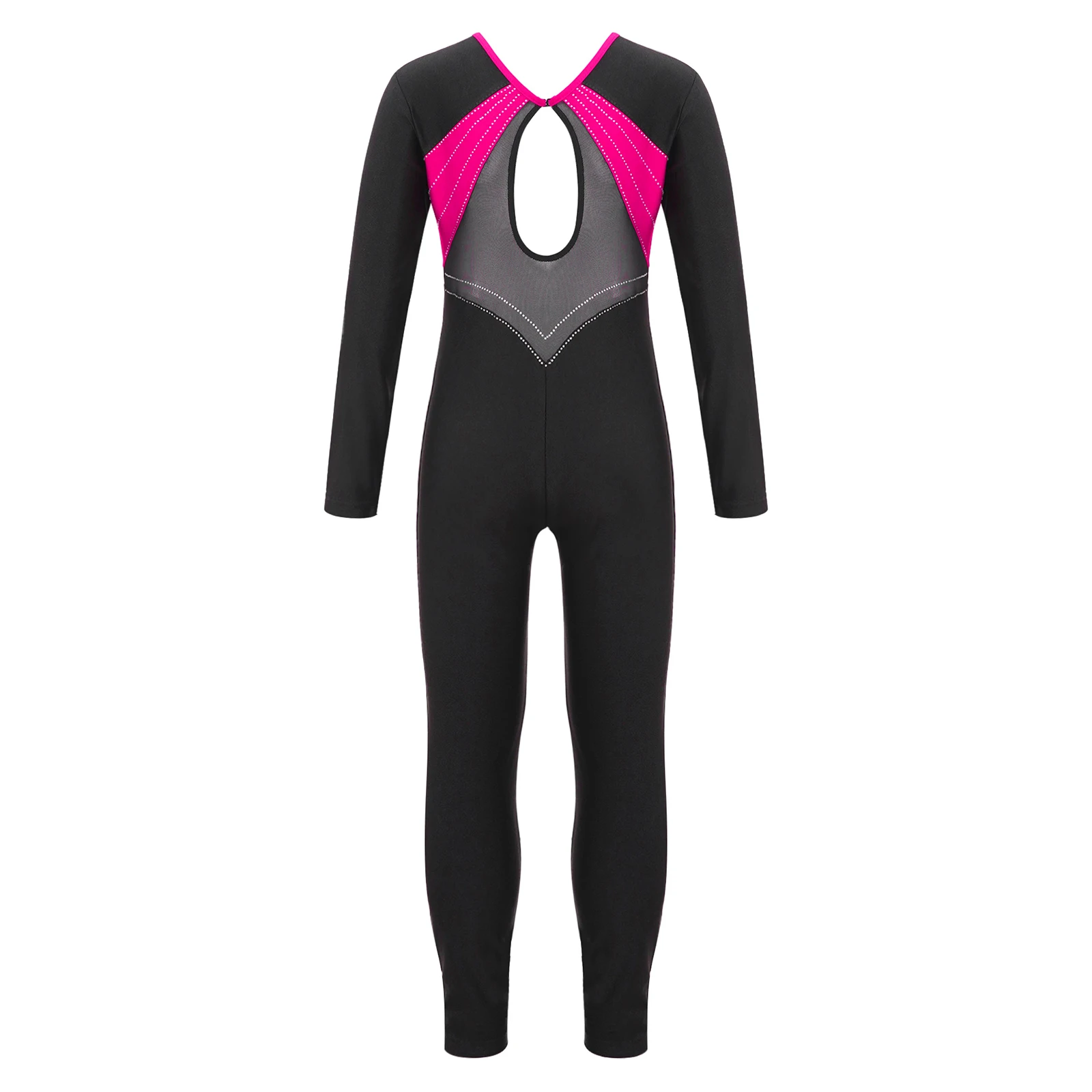 Kids Meisjes Ballet Dans Jumpsuit Strass V Hals Lange Mouw Sleutelgat Bodysuit Voor Gymnastiek Kunstschaatsen Dancewear