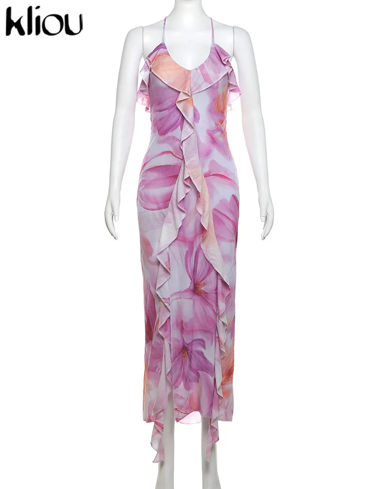Kliou-女性用シフォンドレス、ミッドカーフストリートウェア、k24d46121、キャミス、レース、ボディシェーピング、スリム、夏