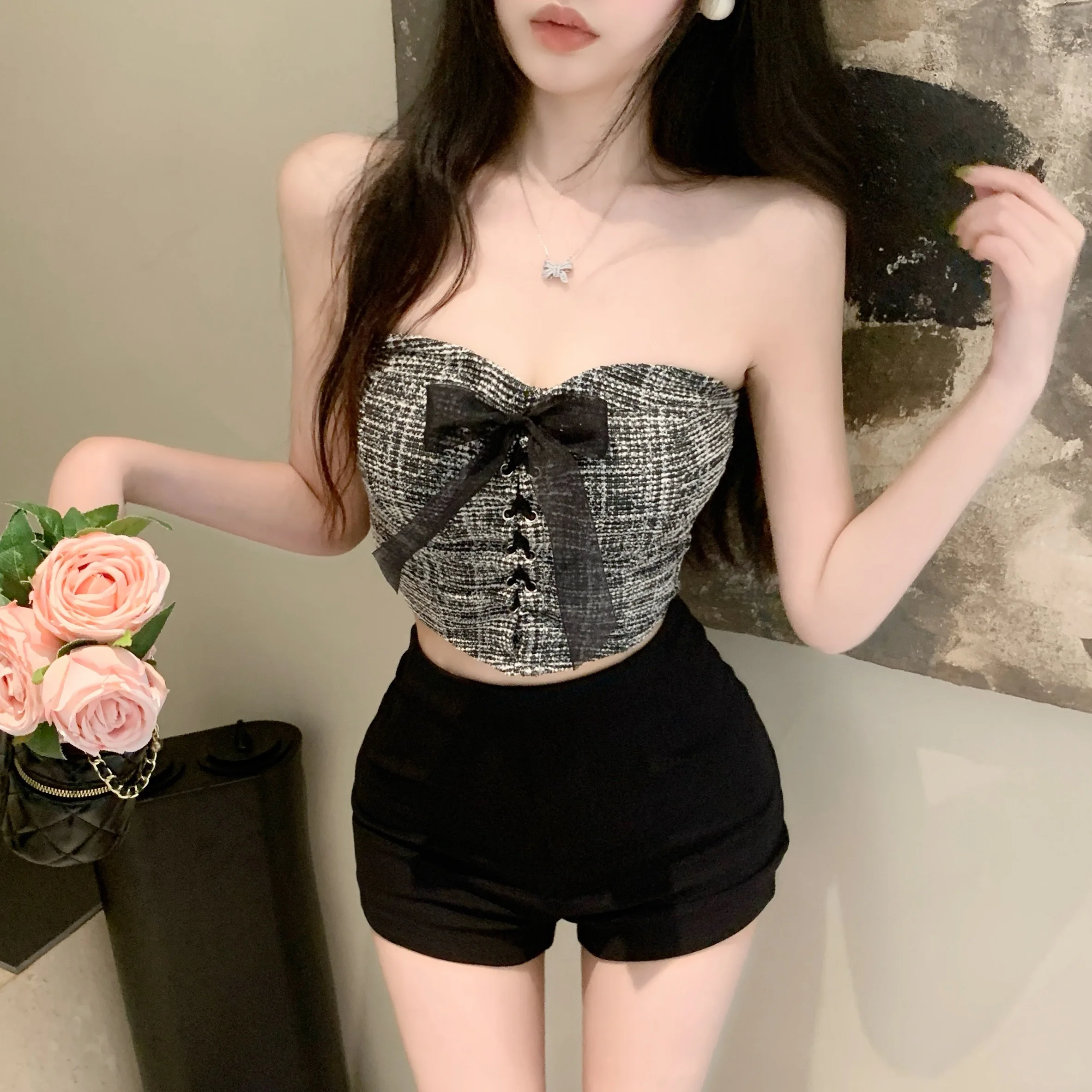 

Sexy Thai Sle Knot Strap Vest Top Women's Summer Outfit Pure Desire Spicy Girl One oulder Tube Top Lace irt