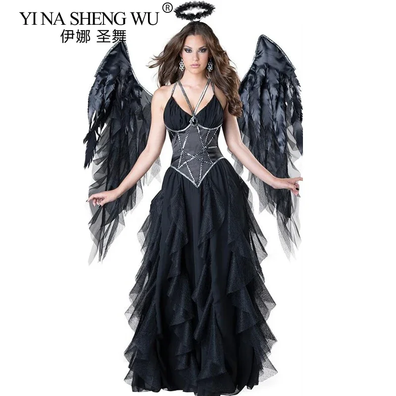 Dark Fallen Angel Costume Halloween Party Stage Cosplay Costumes Fancy Dress with Wings for Women Gothic Witch Costume Suit Gift