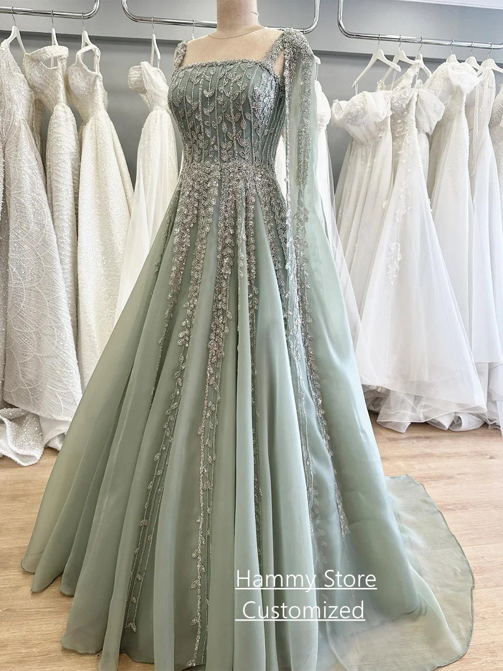 Elegant Formal Evening Dress for Woman Customized Square Neck Sleeveless Beading Sequined A Line Prom Gown with Cape image 3