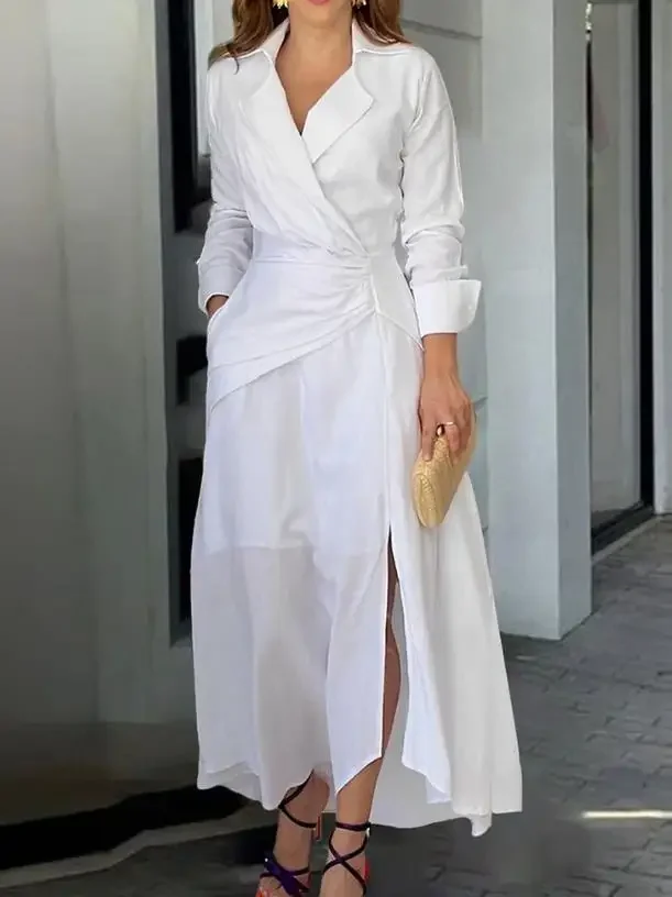 Womens Dresses  Spring Fashion Ruched Slit Asymmetrical Casual Notched Collar Plain Long Sleeve Semi-Sheer Maxi Daily Dress