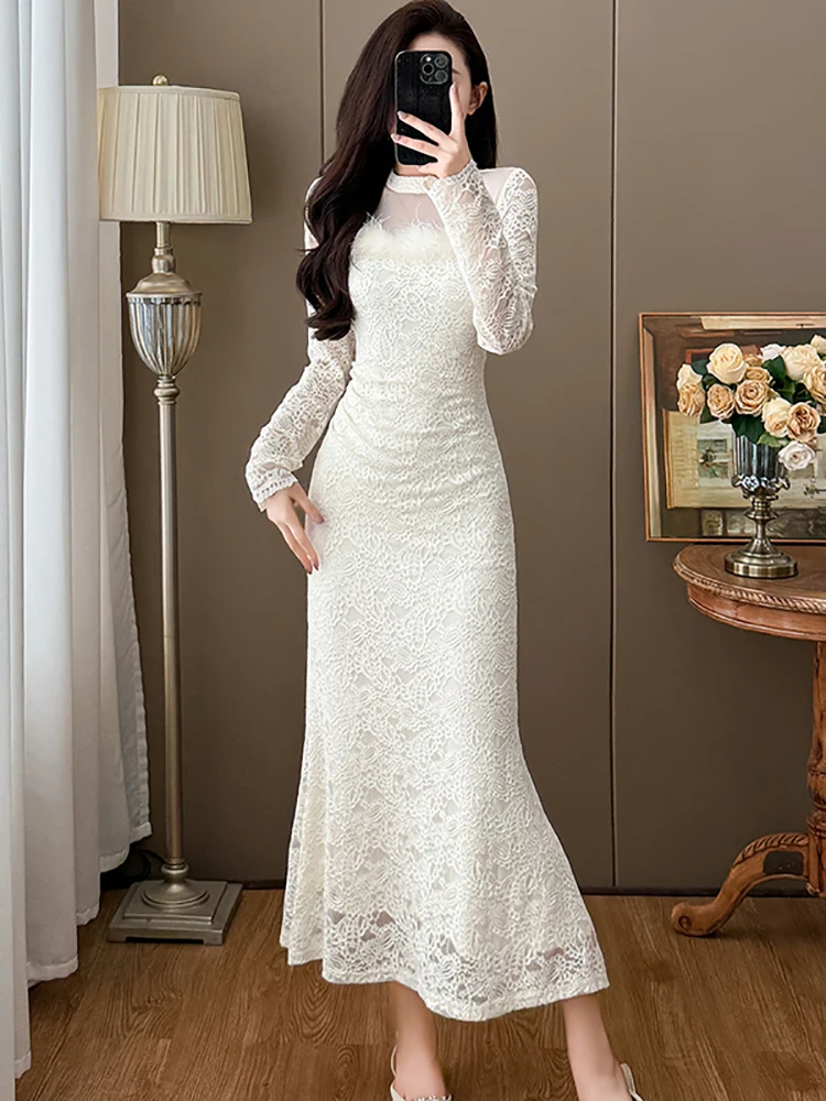 2025 Zwart Kant Patchwork Mesh Sheer Sexy Lange Jurk Vrouwen Elegante Luxe Verstoorde Prom Jurk Herfst Winter Koreaanse Bodycon Jurk