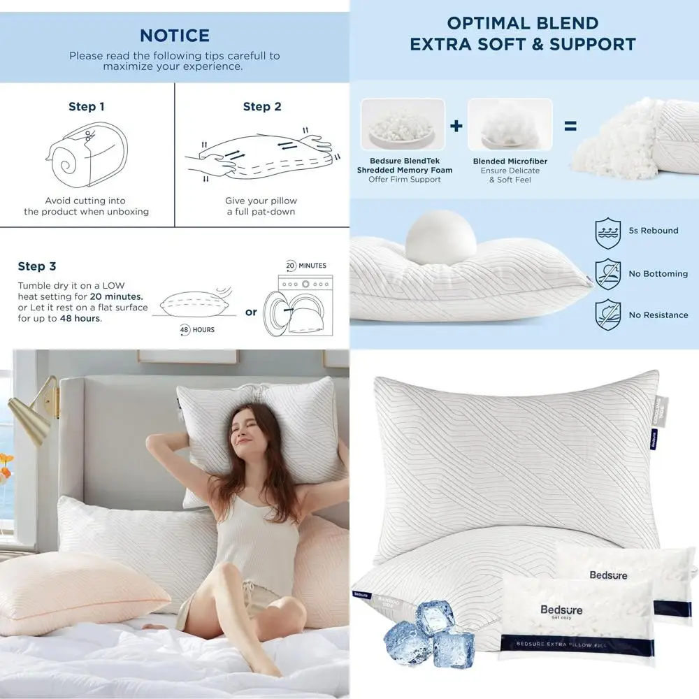 

King Size Memory Foam Pillows Set, 2-Pack, Dual-Sided Cooling, Adjustable Firmness, Bamboo Pillowcases, Ideal for Side, Back, an