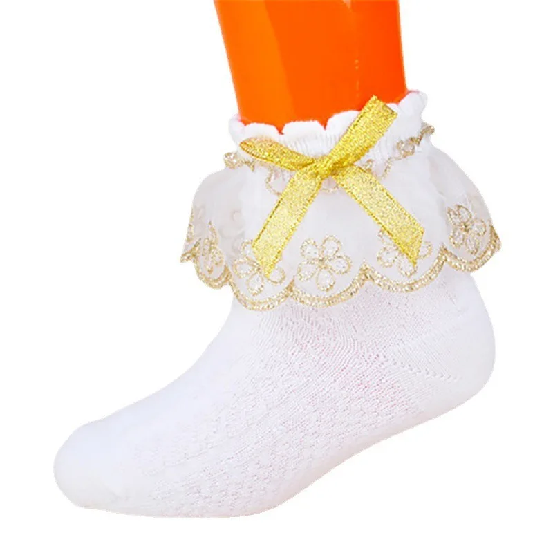 New Spring/summer Thin Korean Fashion Simple Gold Bow Lace Princess Soft Elastic Breathable 2-10 Years Old Girls Dance Socks