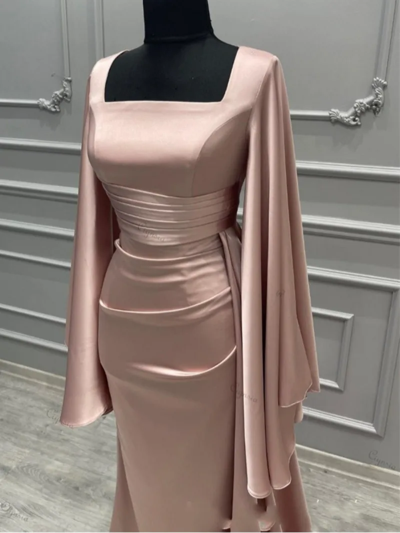 Customized Elegant Dubai Luxury Evening Dresses For Women Solid Satin Pleated Full Sleeves Formal Prom Gowns Mermaid فساتين السه