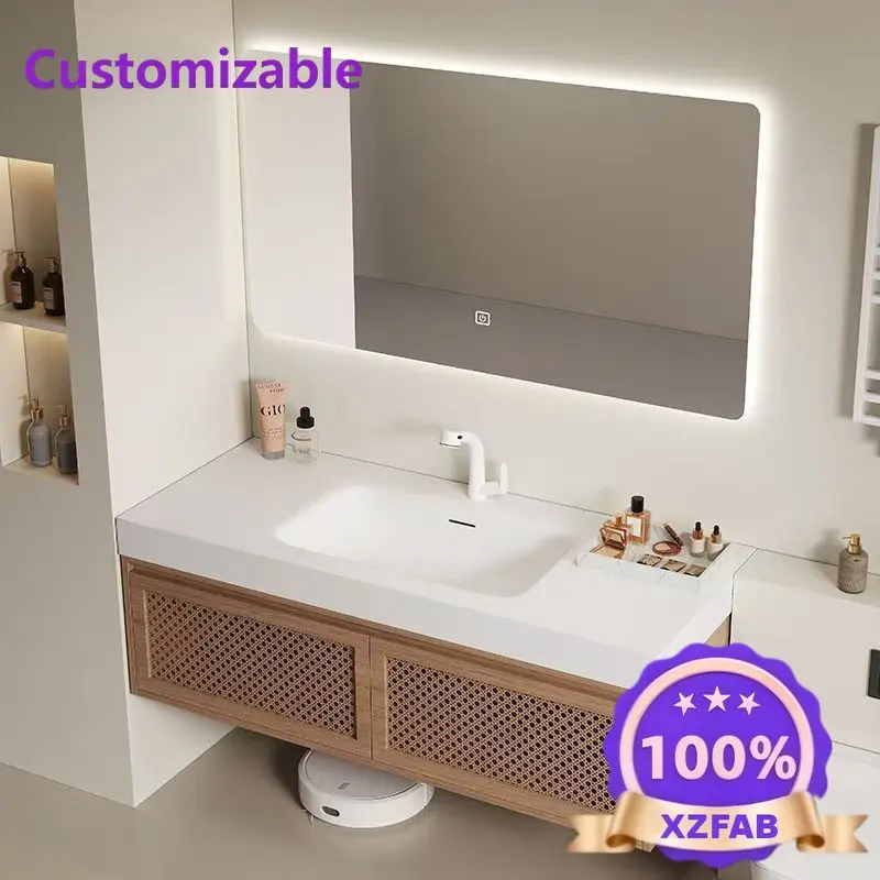 Factory Direct 2026 Integrated basin retro rattan bathroom cabinet combination bathroom log wind washbasin hand washbasin