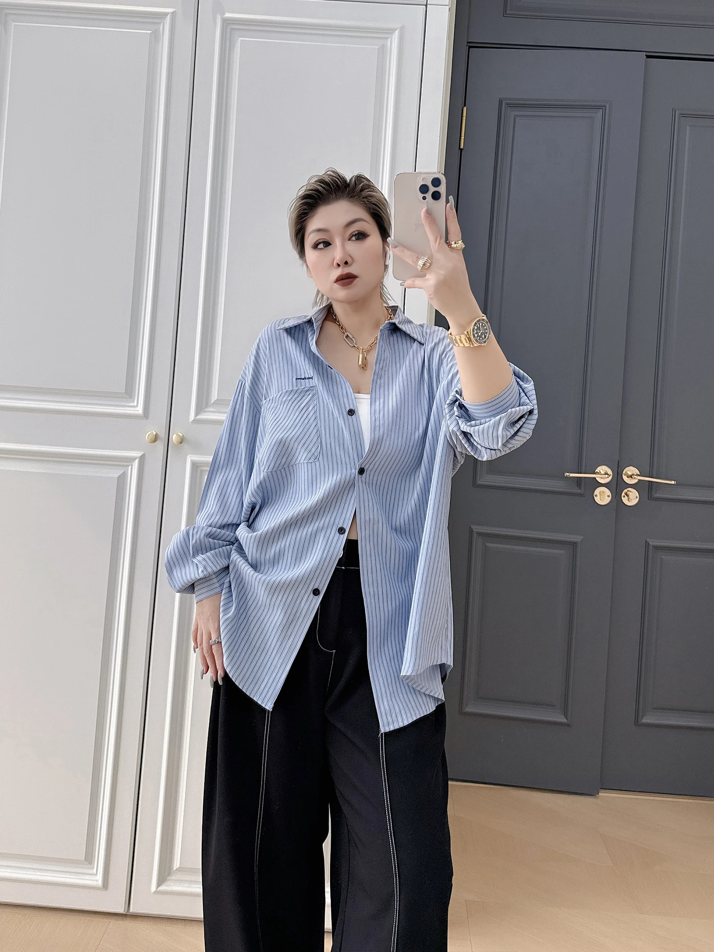 Camicetta a Righe a Maniche Lunghe da Donna Taglie Forti, Ricamata, Elegante, Vestibilità Ampia, Top da Lavoro per Donne Curvy