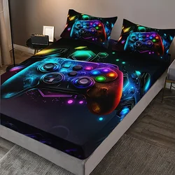 Fashion Cool Gamepad Print Fitted Sheet Set Soft Comfortable Breathable Bedding Mattress Protector Set For Bedroom Guest Room
