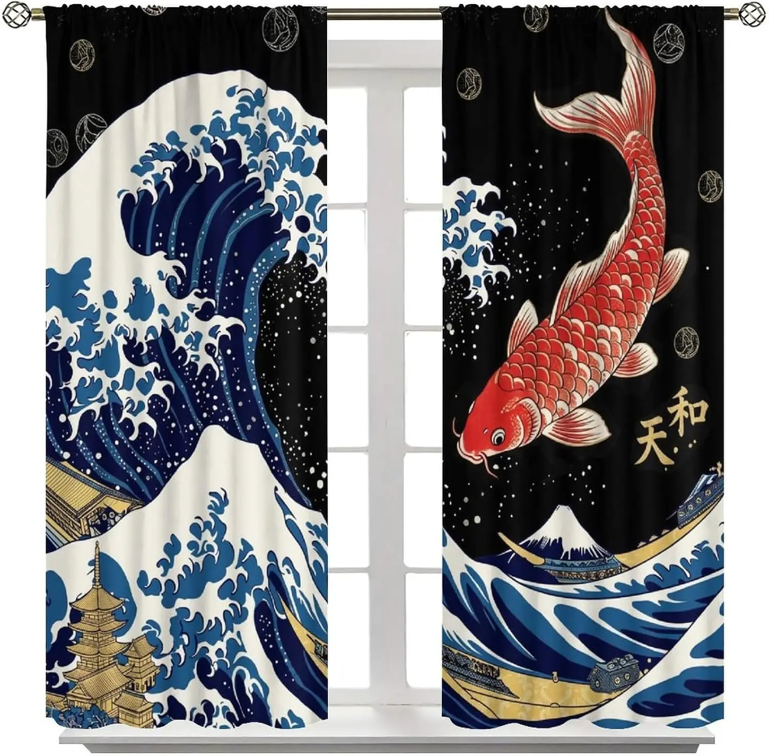 Dramatic Great Wave Curtain Panel Koi Fish Art Window Decor Japanese Oriental Chinese Style Curtains for Living Room Bedroom Asi