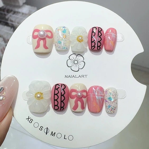

10PCS Y2k Sweet Pink Bowknot Handmade Press on Nails with 3D Flower Glitter Sequin Short Coffin Fake Nails Acrylic Wearable Nail