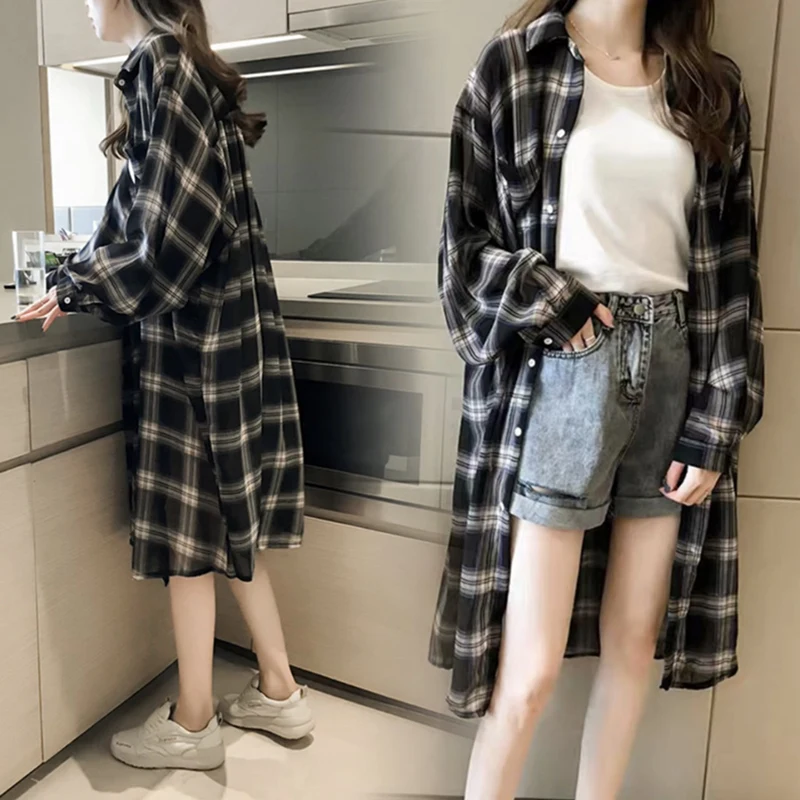 

plus Size Women's Casual Shirt Coat Plaid Loose Fit Medium Length Spring Autumn New Style Comfortable Lazy Style Outerwear