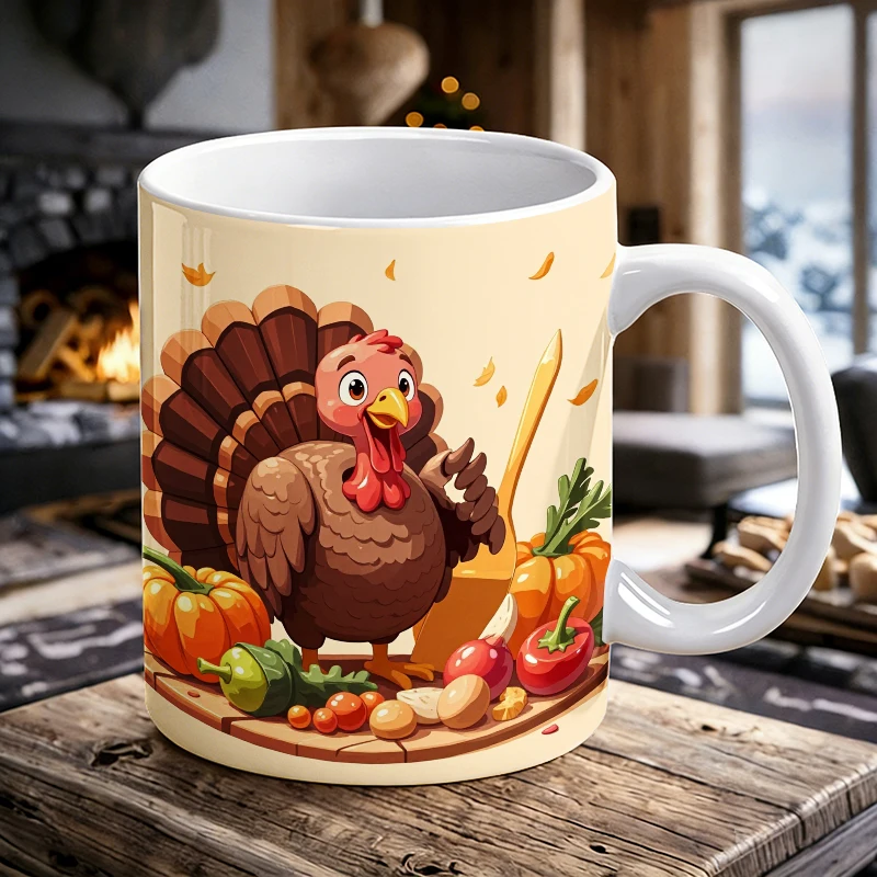 Cute cartoon turkey ceramic mug with handle, creative pattern coffee cup, insulated milk cup, office water cup, fade-resistant