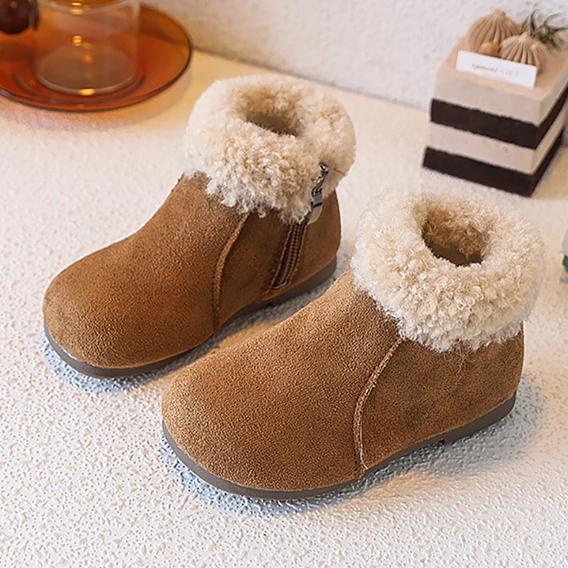 

Винтажные зимние ботинки для детей, зимние ботинки из искусственной кожи для мальчиков и девочек, толстые теплые детские плюшевые ботинки из искусственного меха, зимняя хлопковая обувь