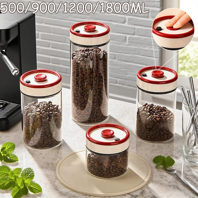 

2026 New 500/900/1200/1800ML Coffee Bean Vacuum Sealed Tank Press-type Moisture-Proof Transparent Food Grain Tea Glass Jar 양념통세트