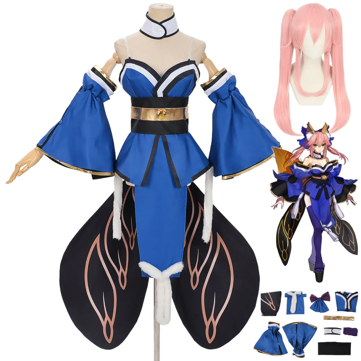 

Game Fate Grand Order Tamamo No Mae Cosplay Costume Fate Extra Blue Hanfu Dress Wig Woman Sexy Traditional Festival Suit