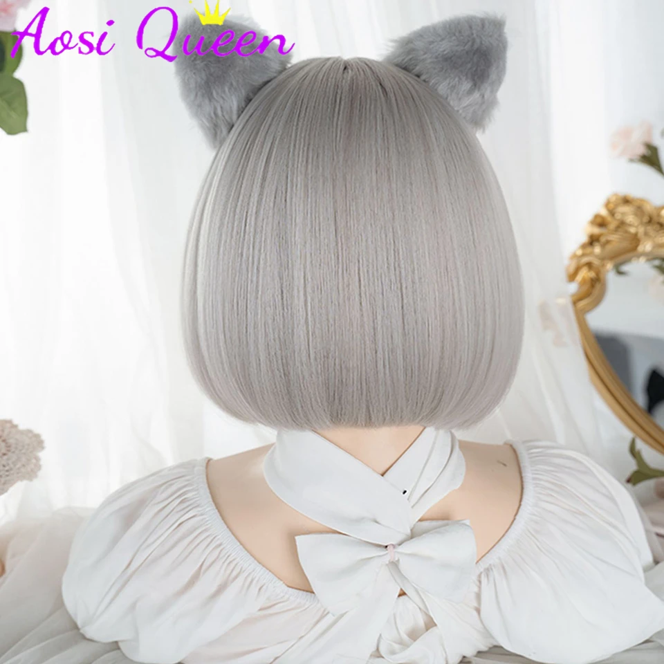 AOSI Silver Gray Short Bob Wig For Girl Daily Wear Synthetic Wig New Style Natural Supple Summer Heatresistant Wig With Bangs