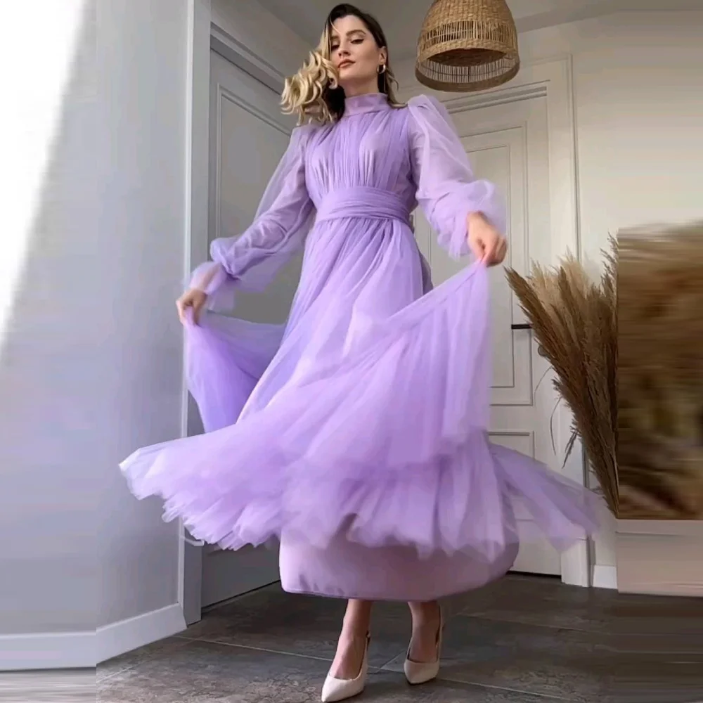 

High Neck Puffy Sleeves Pleated Tulle Ankle Length Vintage Purple Evening Formal Occasion Ruched Dresses Party Women Gown 2023