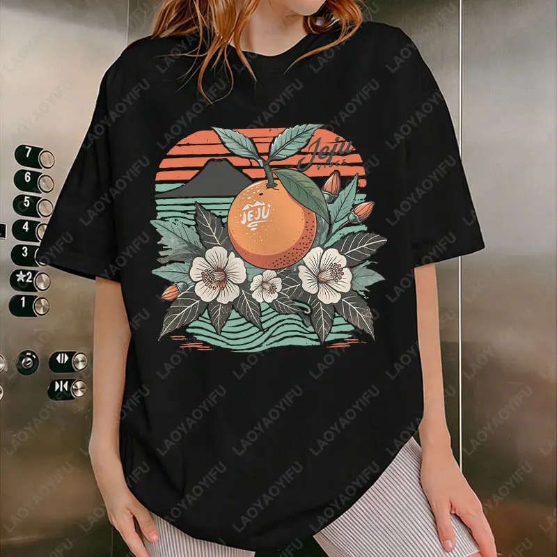 제주 섬 한국 Kdrama 코튼 탑 패션 선물 Kpop 황황 과일 의류 남성 여성 다목적 여행 티 Loungewear Tshirt