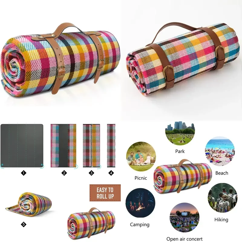 Extra Large Waterproof Acrylic 4 Seasons Foam-Filled Camping Mat-Lightweight Easy-Fold Stylish Outdoor Blanket Tote for