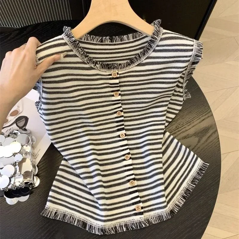 Black White Striped Sleeveless Blouse Women's Fringe Trim Button Front Casual Daily Top Fashion Trendy Blouse