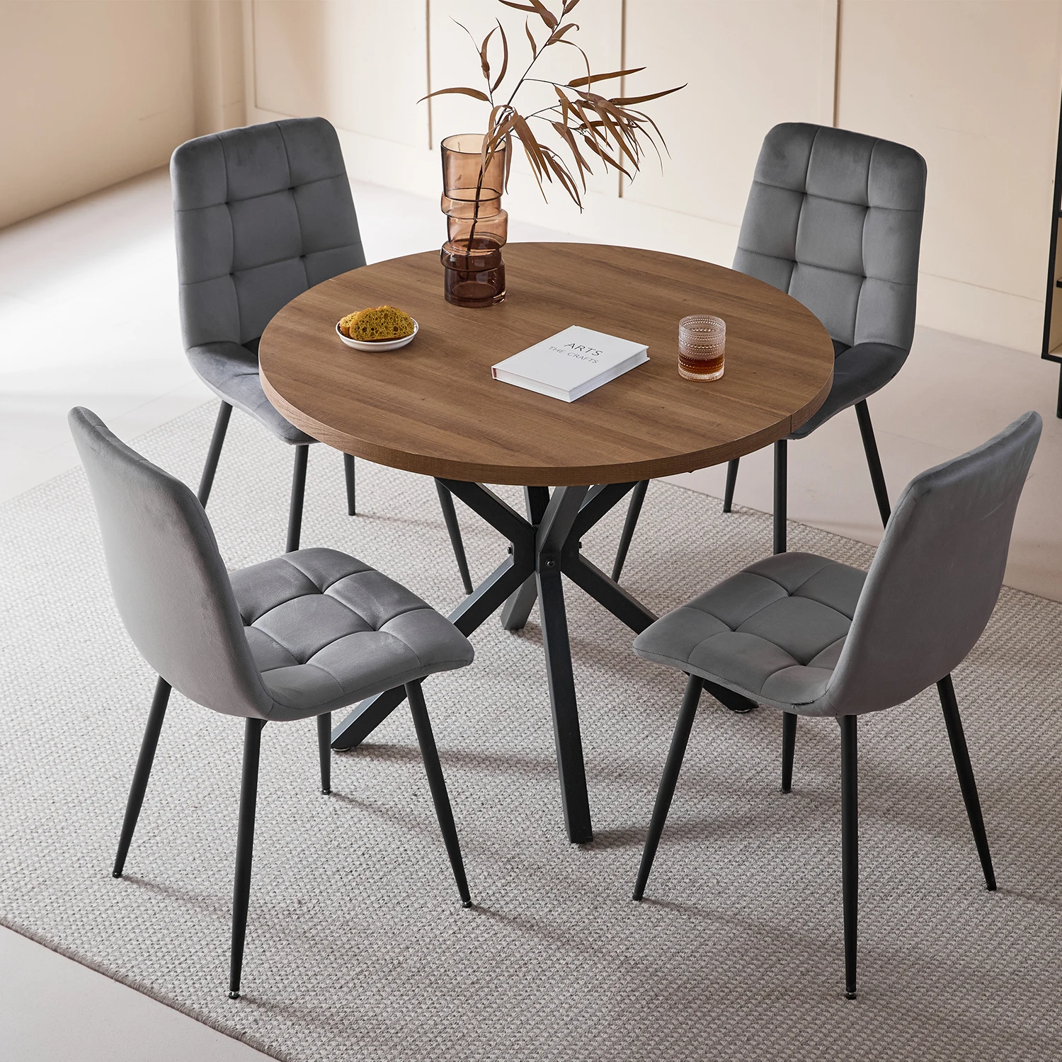 GrandCA HOME 4x fluwelen eetkamerstoelen + ronde eettafel, 100cm ronde eettafelset met gestoffeerde stoelen voor de woonkamer