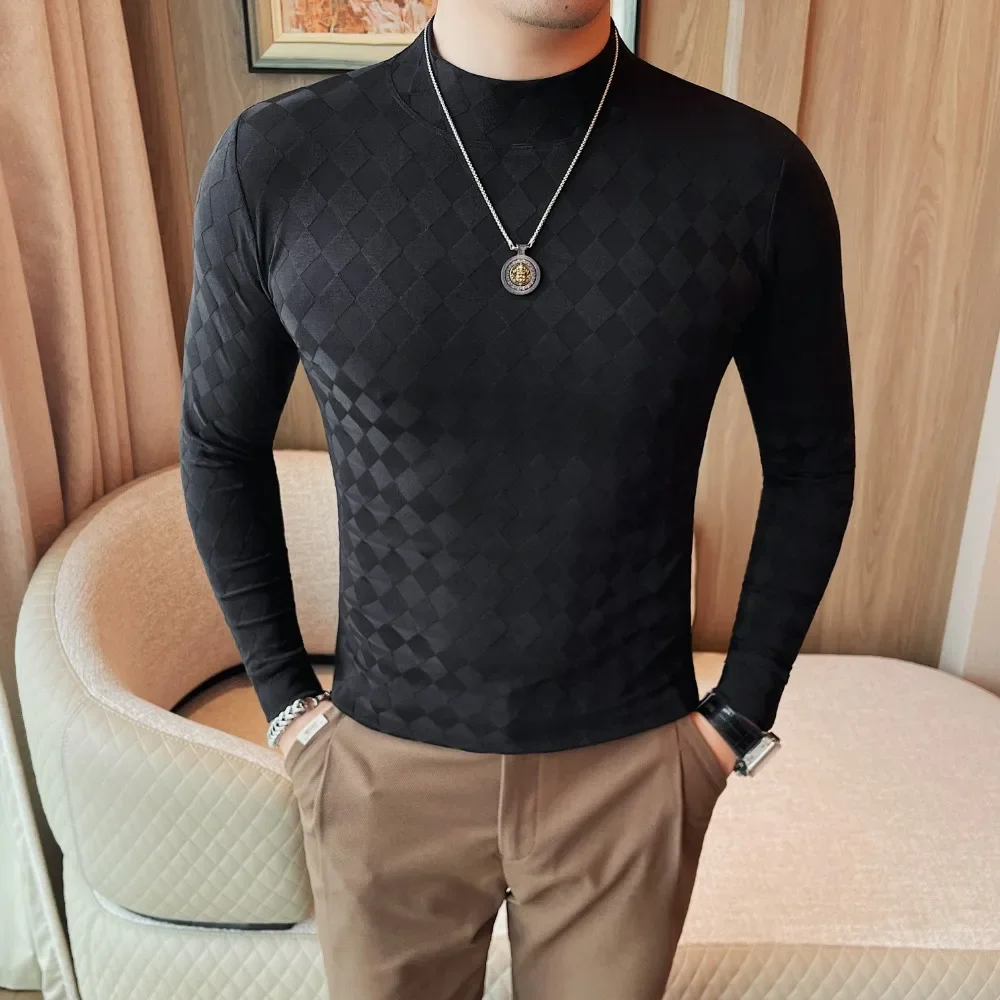 Men Half High Collar T-shirt 2024 Autumn Solid Casual Wrinkle resistant soft Elastic Slim Fit Long Sleeves T Shirt Men Clothing