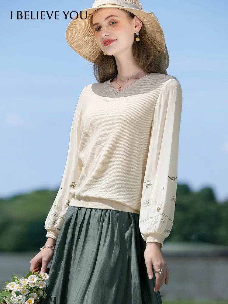 I BELIEVE YOU Knitted T-shirts for Women Autumn Chiffon Long Sleeve Patchwork Vneck Tops Casual Blouse Female Clothes 2223014639