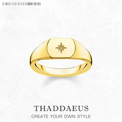 Signet Ring Vintage Star Gold Europe Style Nostalgic Fine Jewelry For Women Summer Brand New Pure 925 Sterling Silver Gift