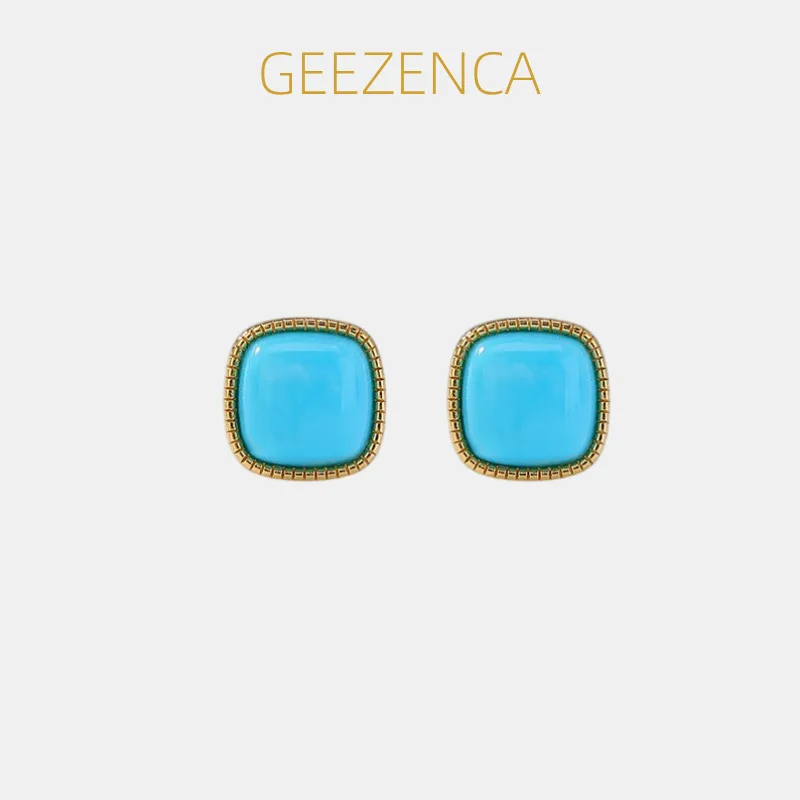 

GEEZENCA 925 Silver Gold Plated Turquoise Square Stud Earrings Women Simple Geometric Trendy Stack Small Flat Back Earring Gift
