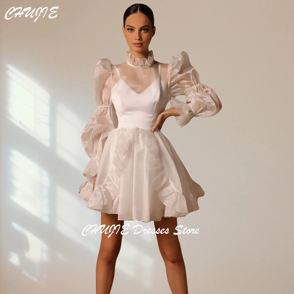 

Puffy Long Sleeves Organza Cocktail Dresses Woman Mini A Line Wedding Party Prom Dress Gown Pleat Graduation Dress Customized