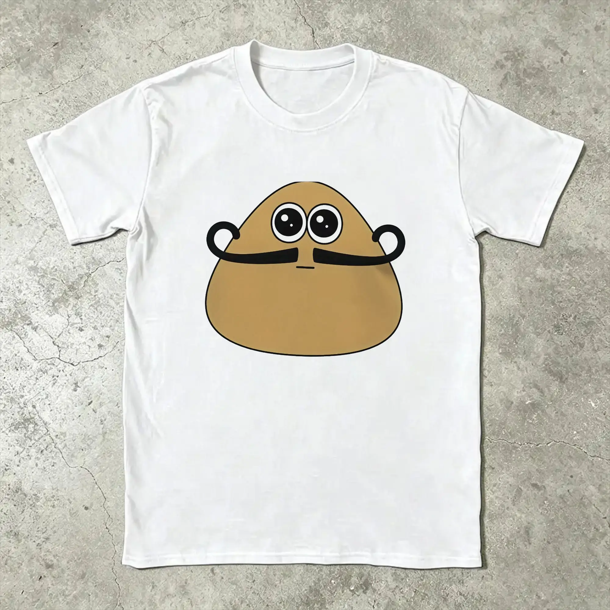 Cute Curly Mustache Pou Cartoon Graphic T Shirt Beach  Pure Cotton T Shirts For Man Tshirt Short Sleeve Y2K Retro Top Tees