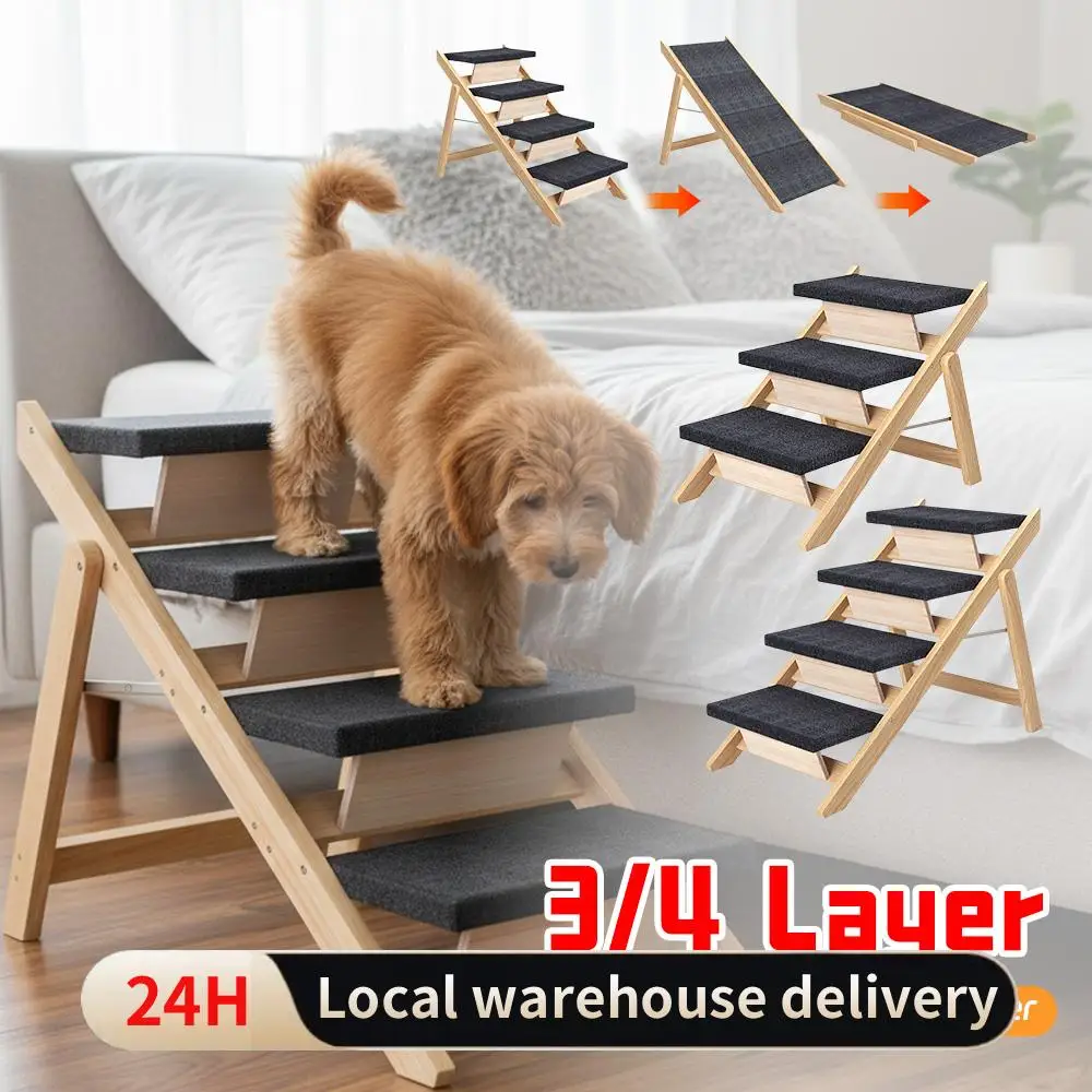

Foldable Wooden Pet Ramp Stair Non-slip Carpeted Cat Climbing Ladder 2In1 Portable Steps for Indoor Outdoor Elderly Dogs Cats ﻿