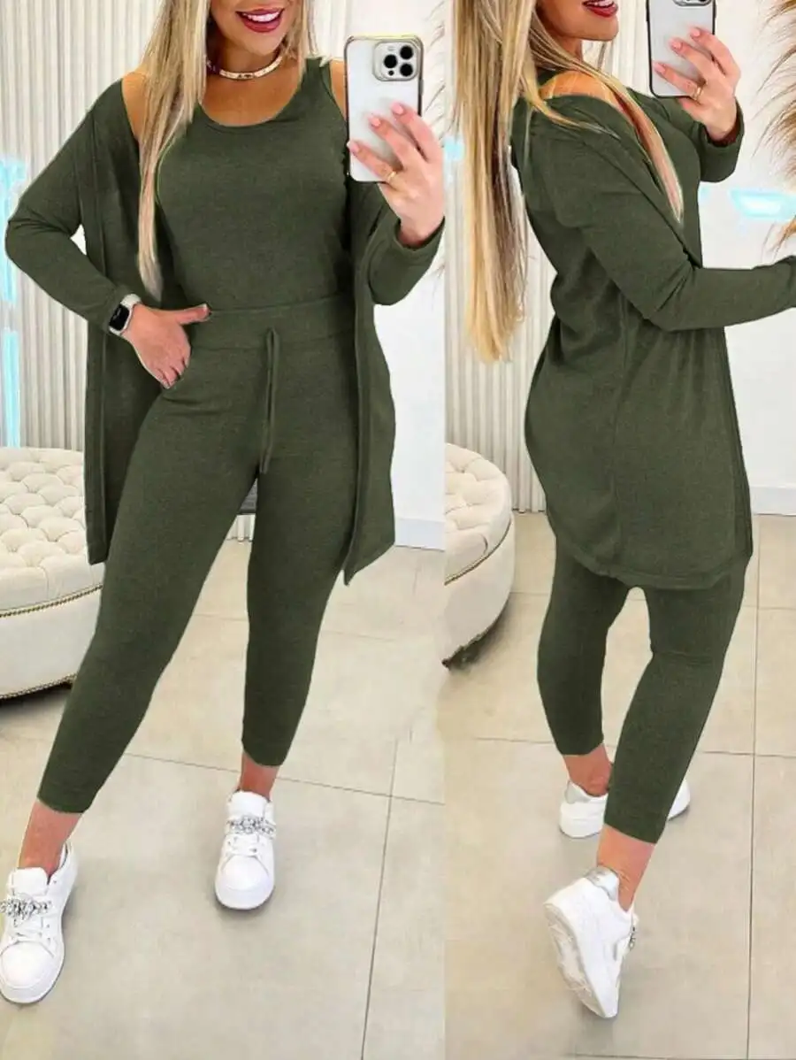 Olive Green 3-Piece Set: Round Neck Tank, Pocket Pants & Open Front Coat