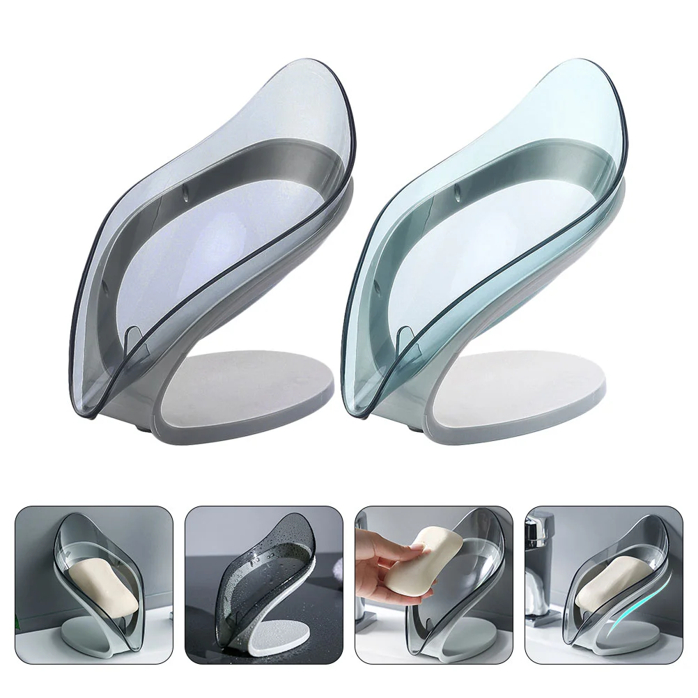 2 Pcs Leaf Shaped Soap Dish Holder Tray Tilt Transparent Bar Silica Gel Leave Storage Container