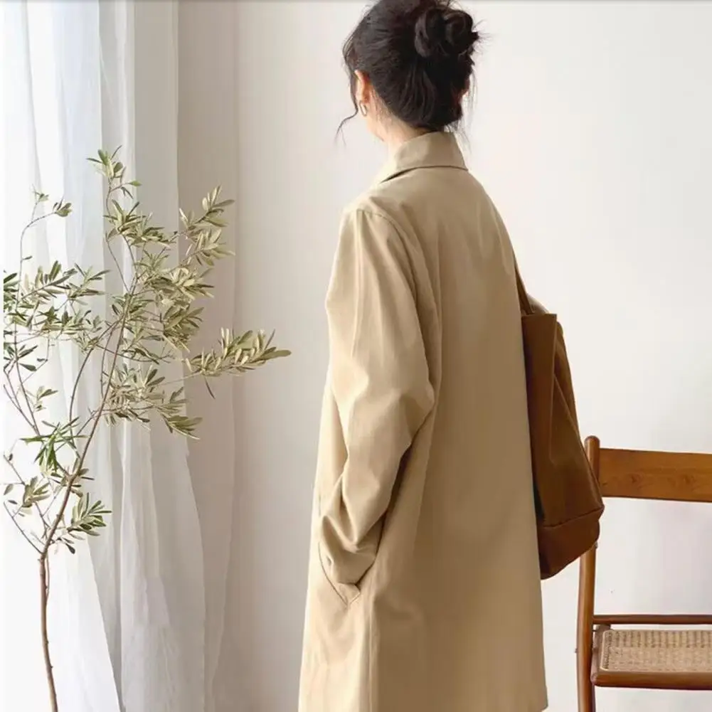 Lady Solid Color Overcoat Stylish Women's Windbreaker Jacket with Turn-down Collar Button-down Closure Pockets Mid for Outdoor