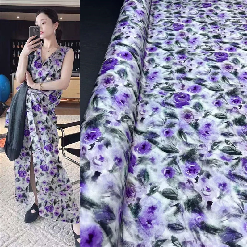 

Summer Trend New Purple Rose Print Elastic Double Qiao Silk High Quality Hand Sewn Women's Skirts Silk Fabric By The Yard Satin