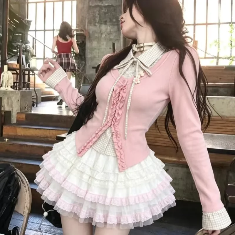 Japanese Kawaii Two Piece Matching Suit Women Y2K Crop Top Blouse Mini Skirts American Retro Korean Daily Casual Fashion Outfit