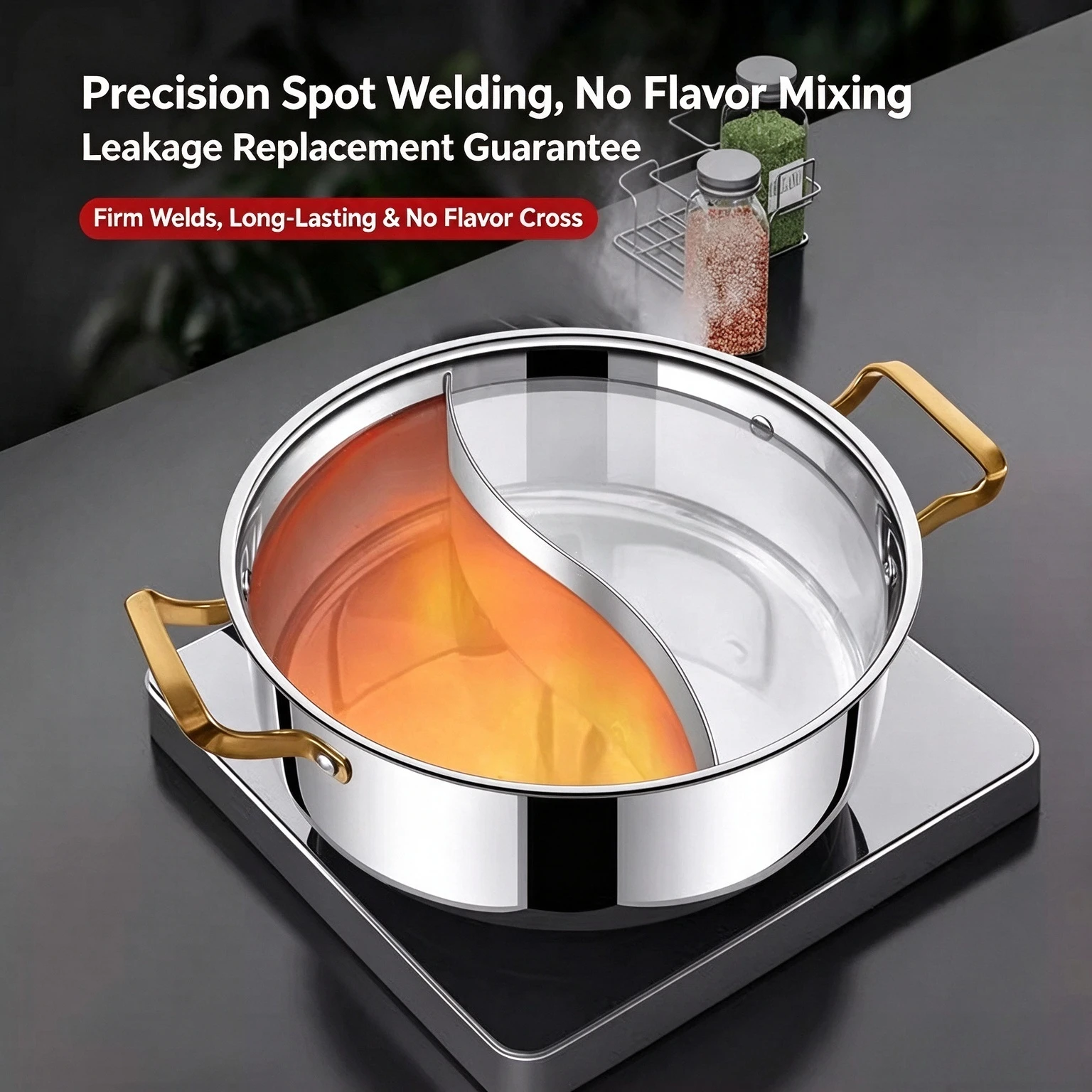 316 Stainless Steel Divided Hot Pot, Double Flavor Yin Yang Soup Pot with Glass Lid for Induction Cooker