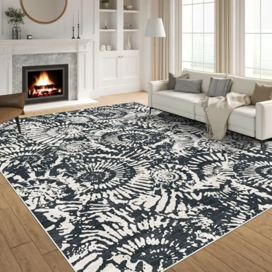 

Dining Room Rugs for Under Table - 6x9 White Washable Living Room Area Rug Non-Slip Low-Pile Dark Modern Abstract Rugs for Bedr