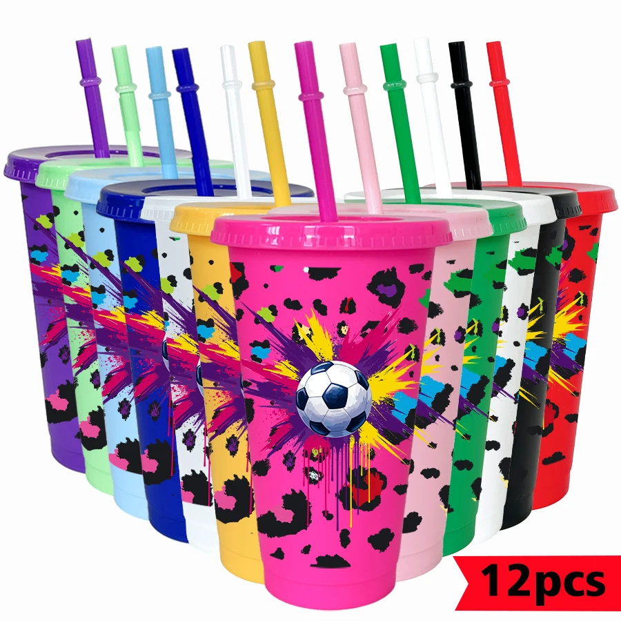 

Набор из 12 пластиковых стаканов для напитков объемом 26 унций с цветным спрей-дизайном в футбольном стиле для дня рождения/нового учебного года/вечеринок/кофе